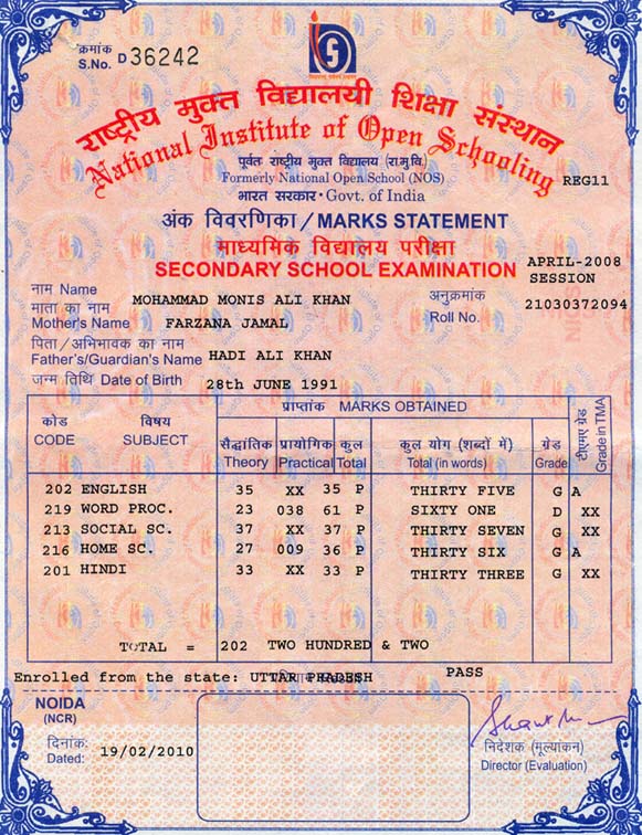 Nios Marksheet